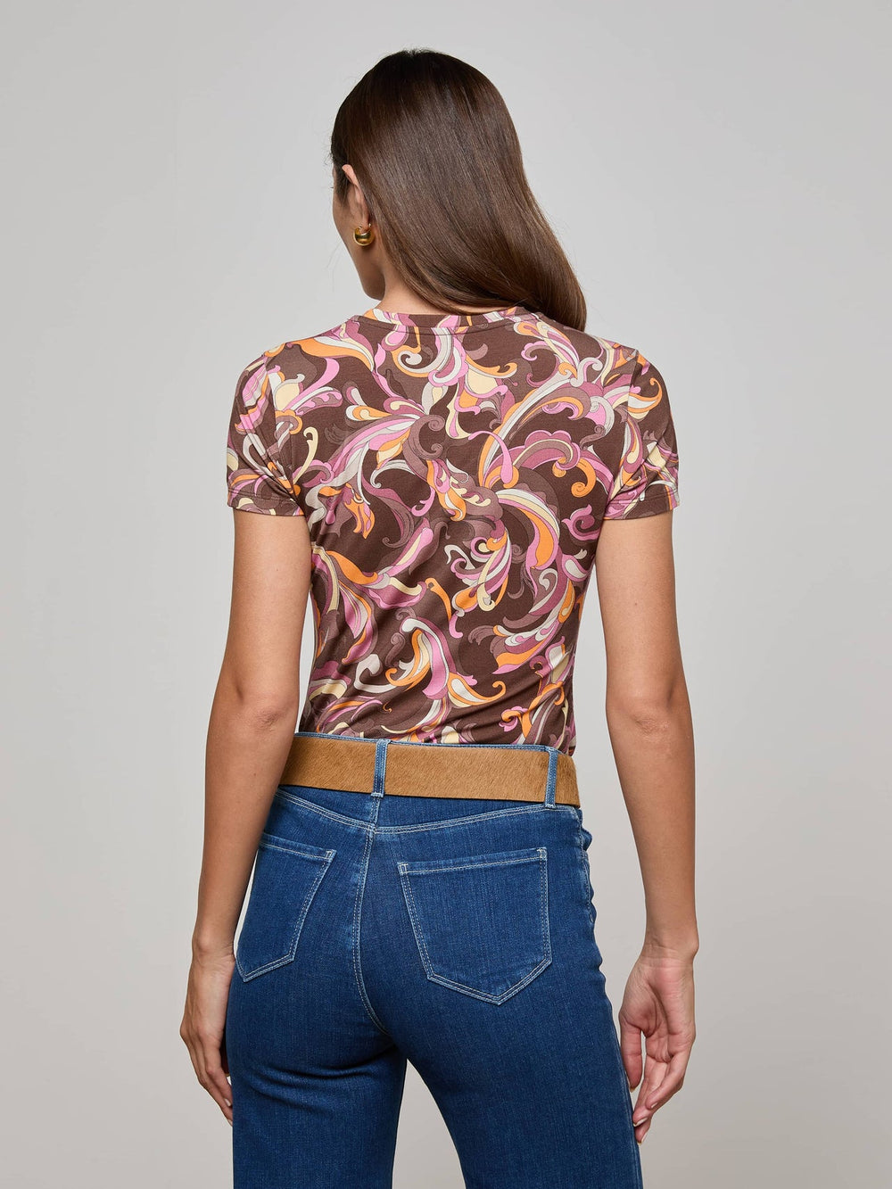 Ressi Fitted Tee in Brown/Pink Multi Abstract Paisley | L'AGENCE US