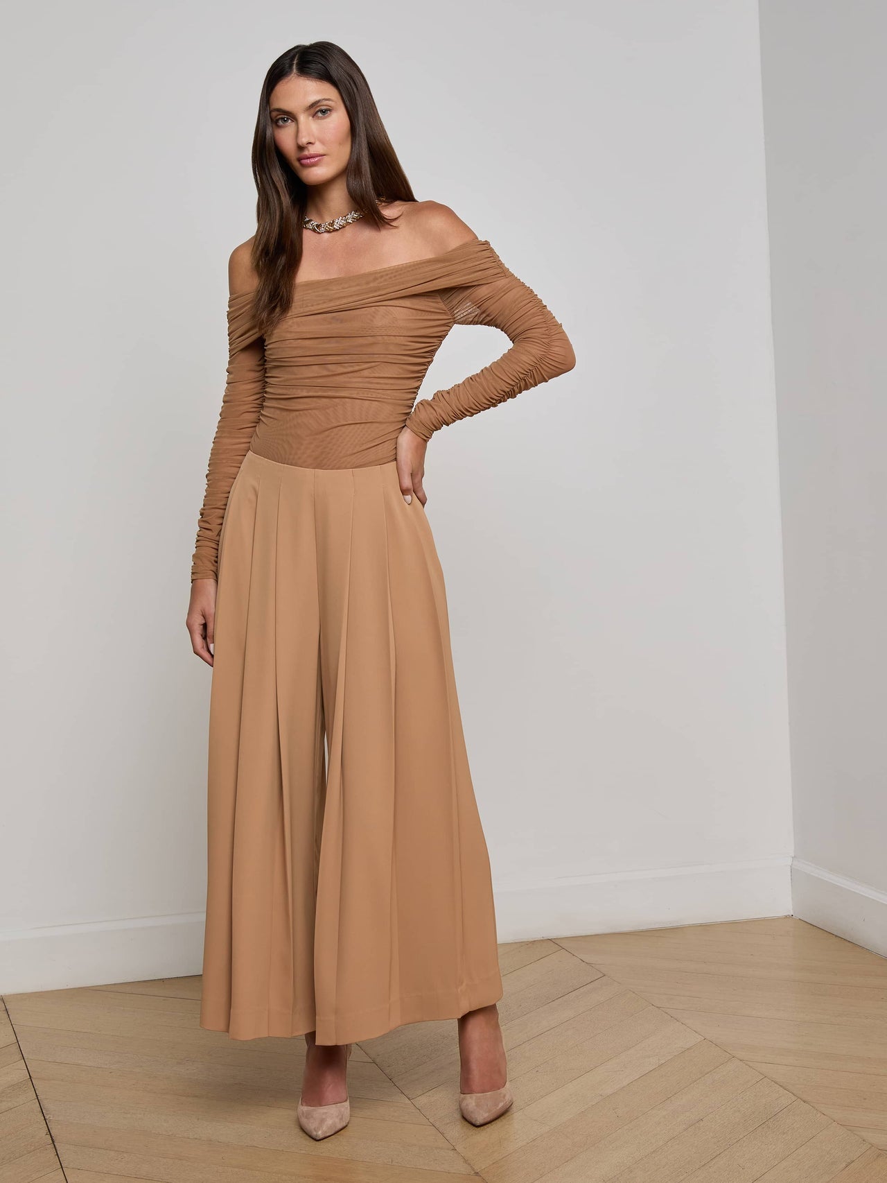 Novalynn Cropped Pleated Pant in Cinnamon Swirl | L'AGENCE Women