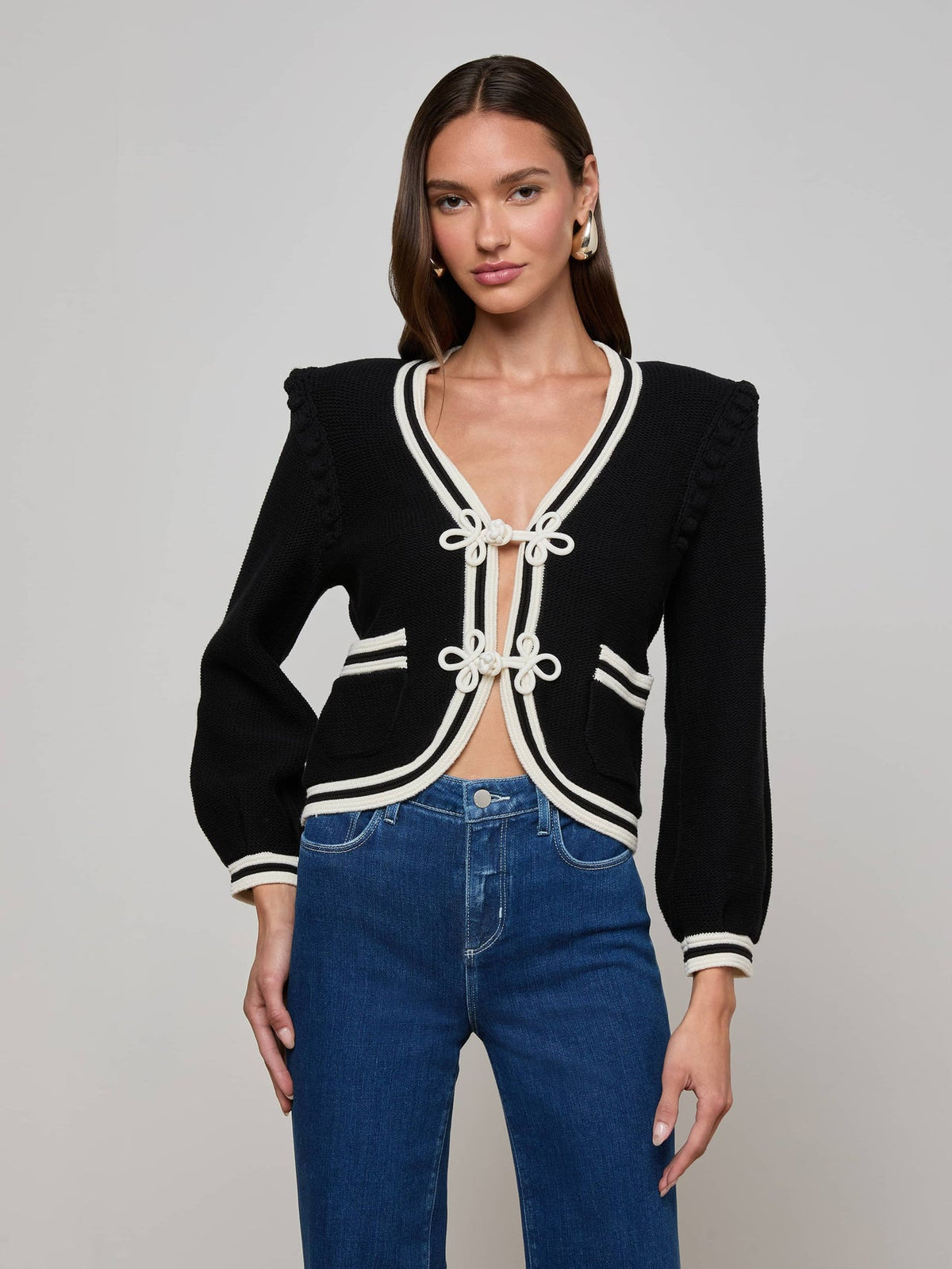 Kaito Cropped Cardigan in Black/Ivory | L'AGENCE US