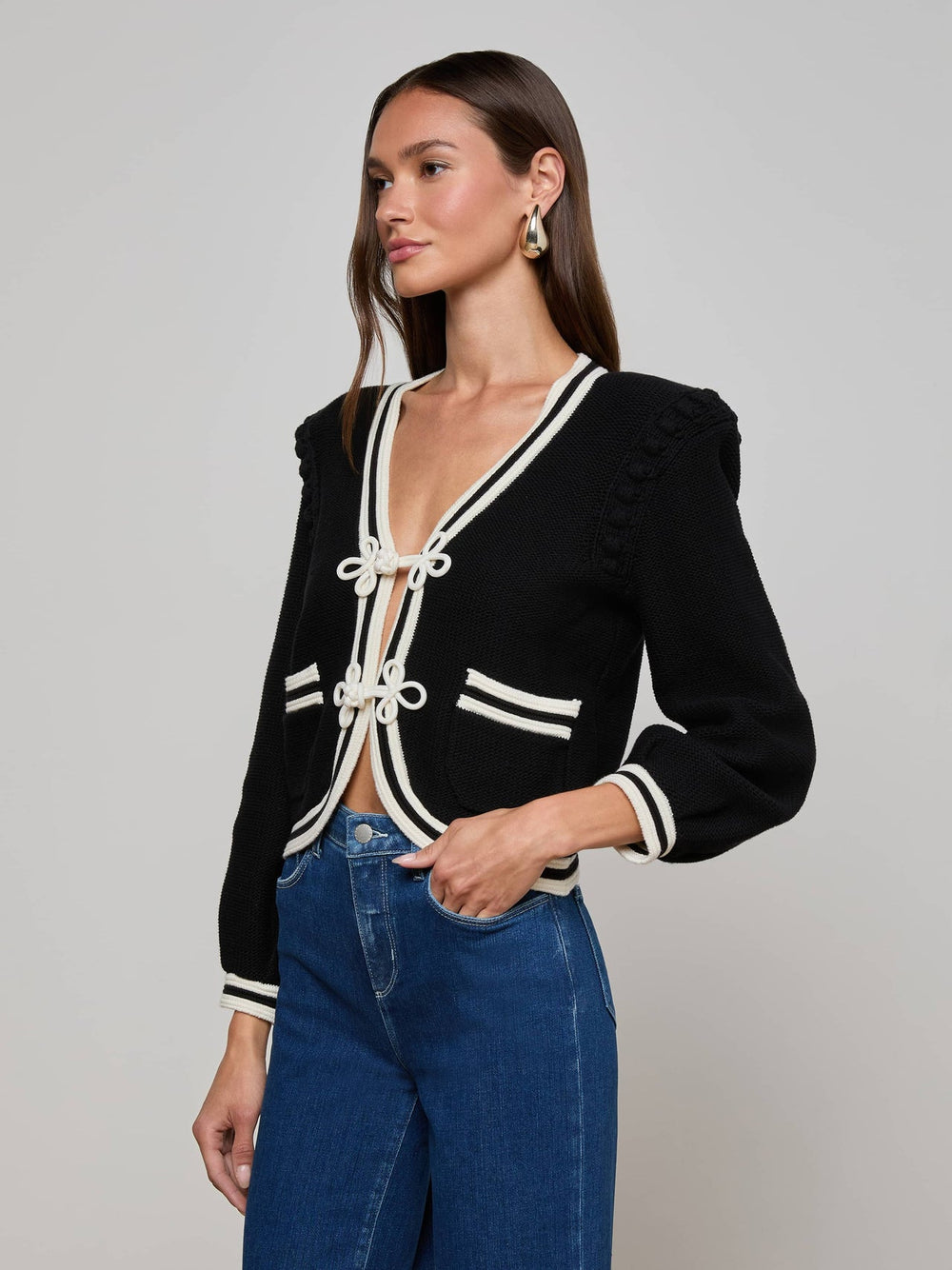 Kaito Cropped Cardigan in Black/Ivory | L'AGENCE US