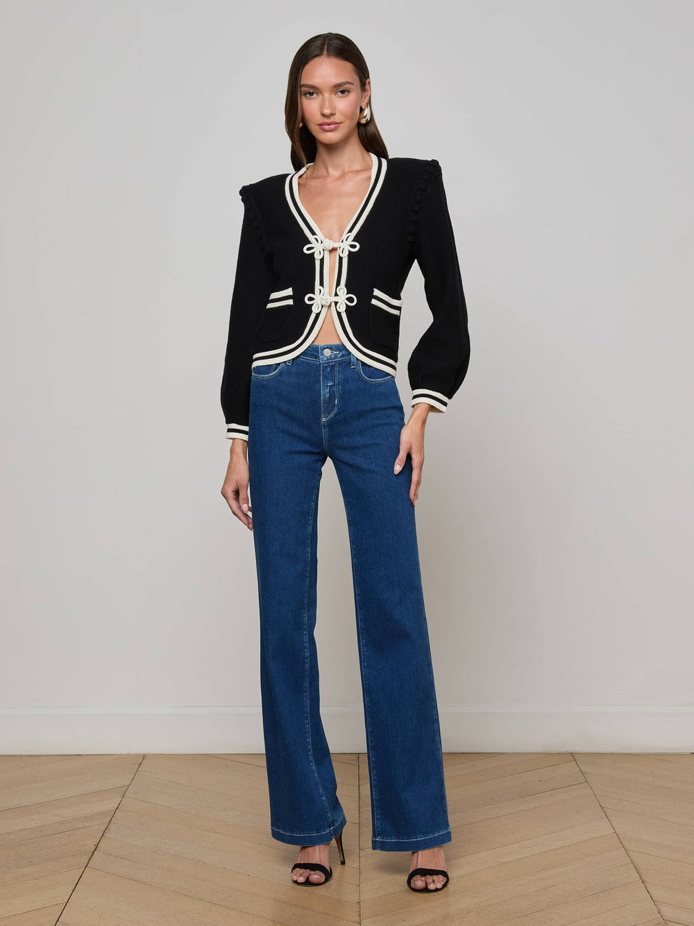 Kaito Cropped Cardigan in Black/Ivory | L'AGENCE US