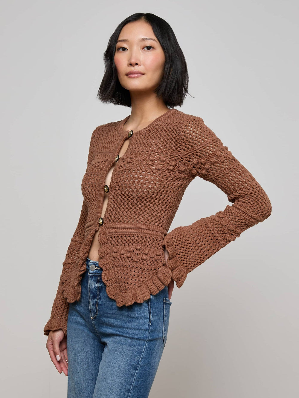 Kiva Knit Cardigan in Dark Cinnamon Swirl/Gold | L'AGENCE for sale