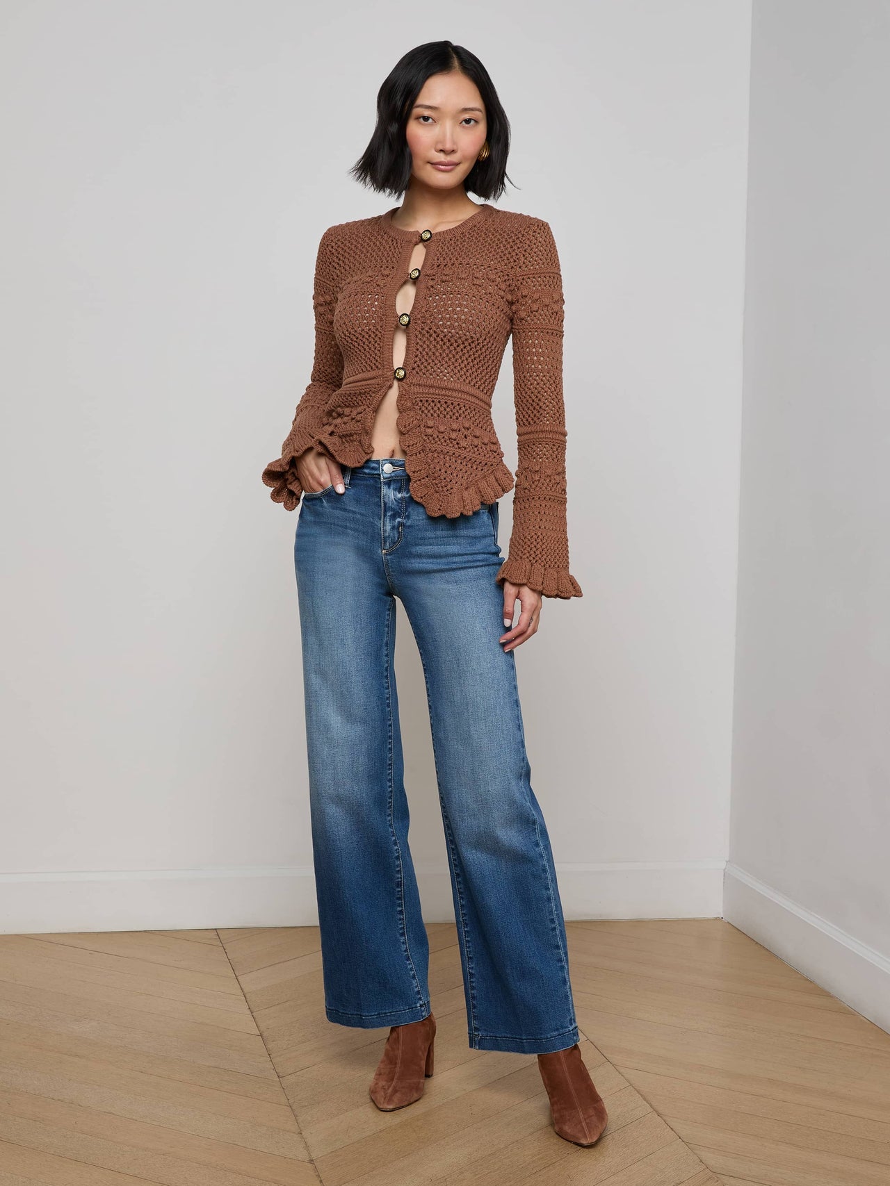 Kiva Knit Cardigan in Dark Cinnamon Swirl/Gold | L'AGENCE for sale