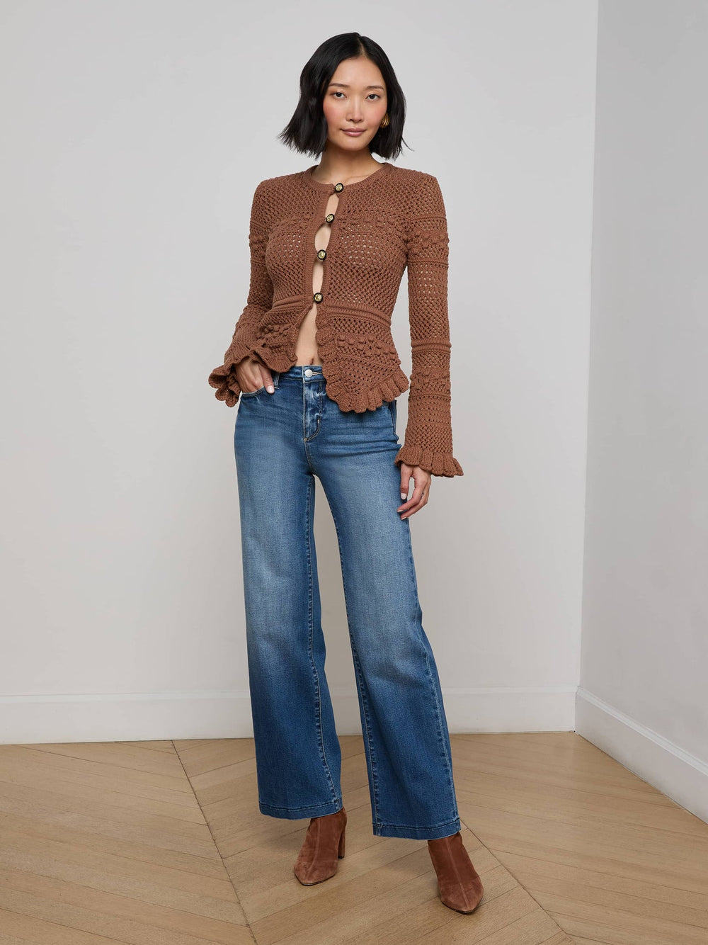 Kiva Knit Cardigan in Dark Cinnamon Swirl/Gold | L'AGENCE for sale