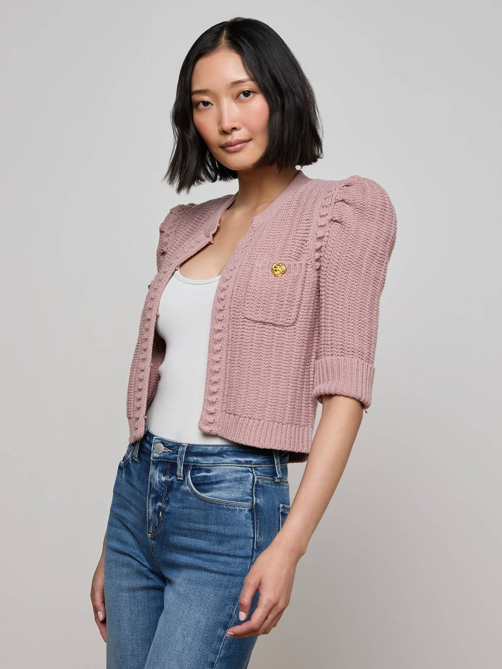 Delilah Cropped Cardigan in Light Mauve/Gold | L'AGENCE sale