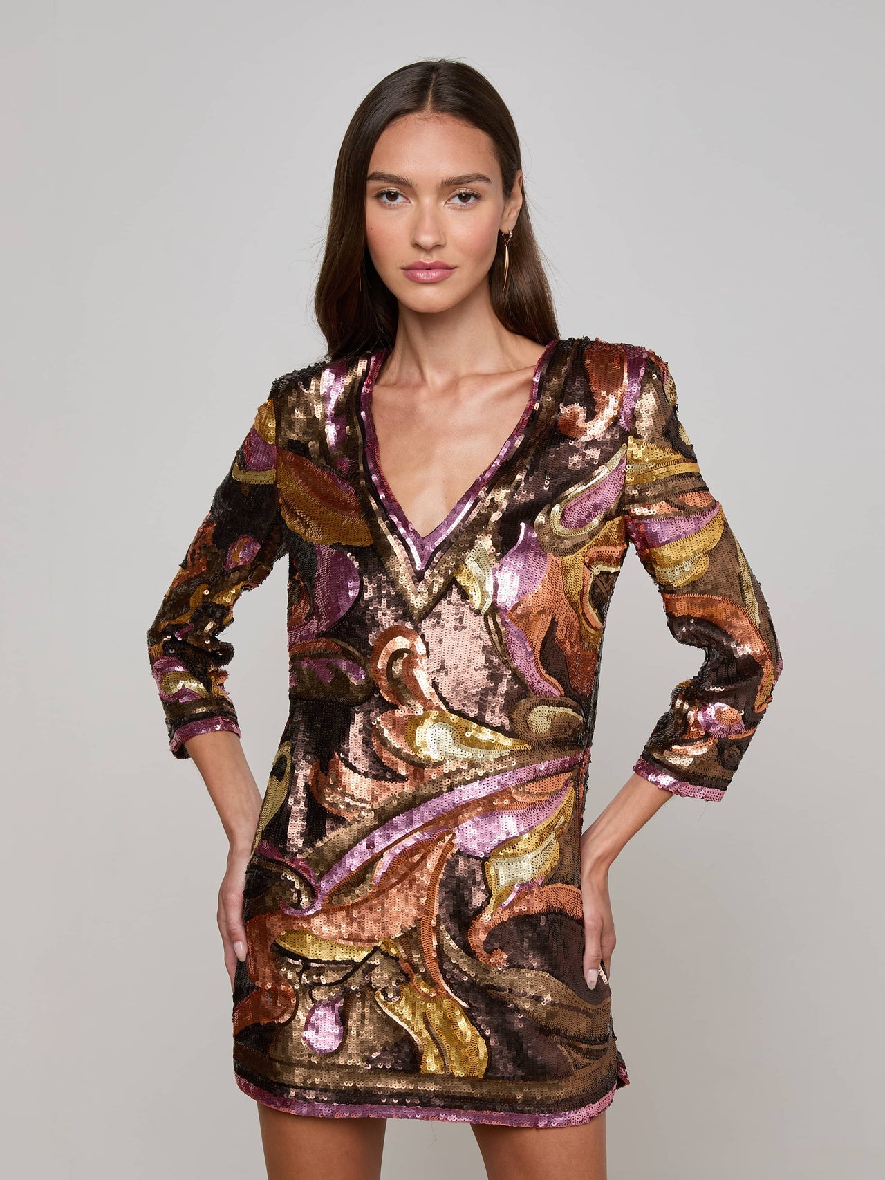 Octavia Sequin Shift Dress in Brown/Pink Multi Large Abstract Paisley | L'AGENCE online