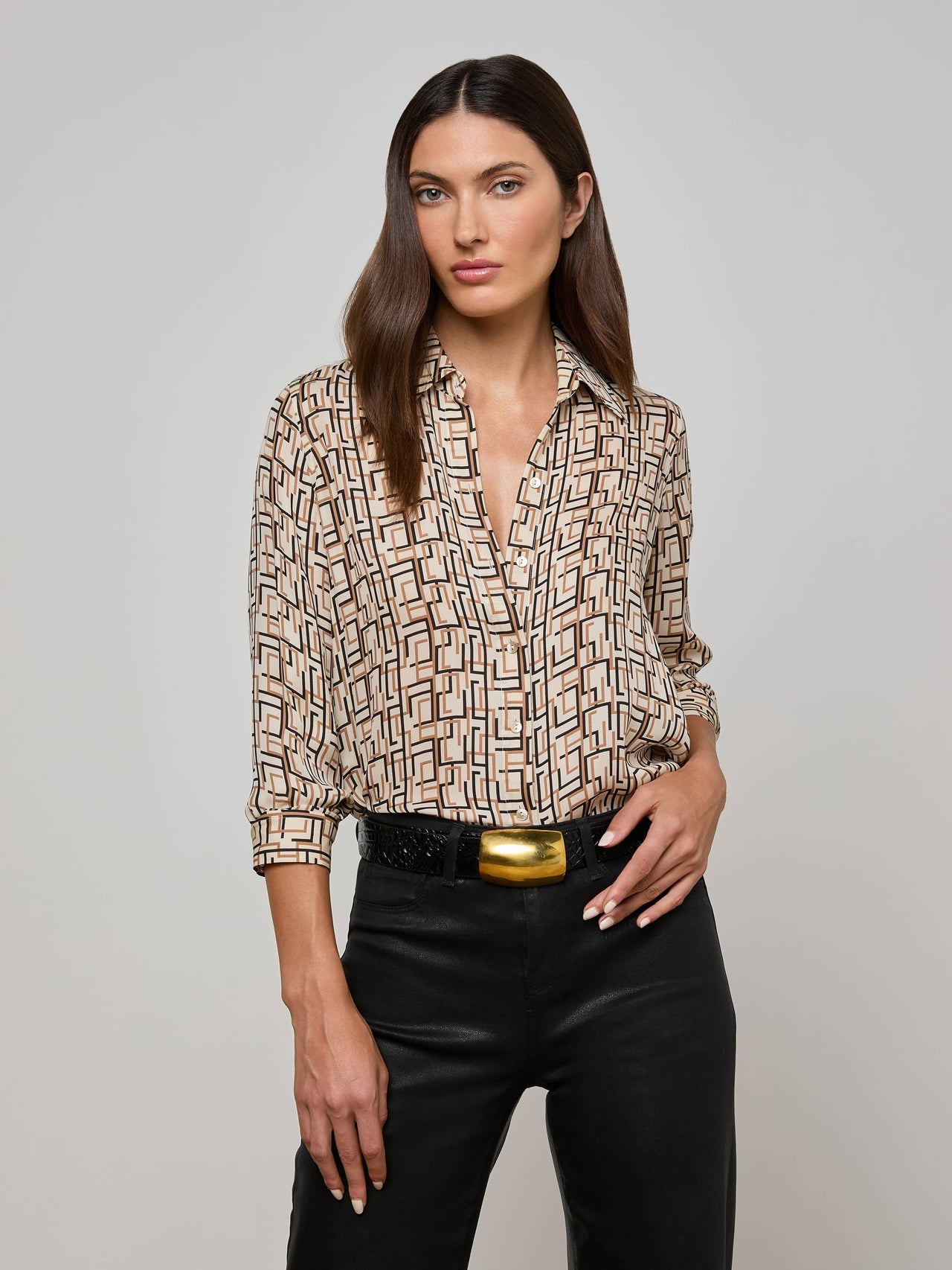 Nina Silk Blouse in Ecru Multi Large Geo Print | L'AGENCE online