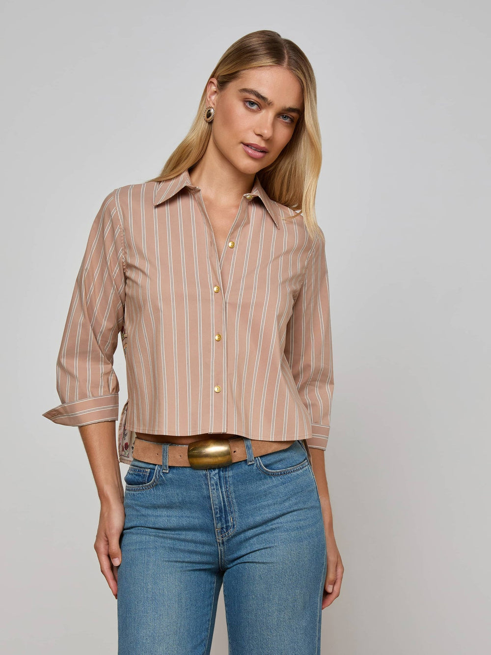 Fawn Western Card Print Shirt in Fawn Stripe/Tan Multi Western Cards | L'AGENCE discount