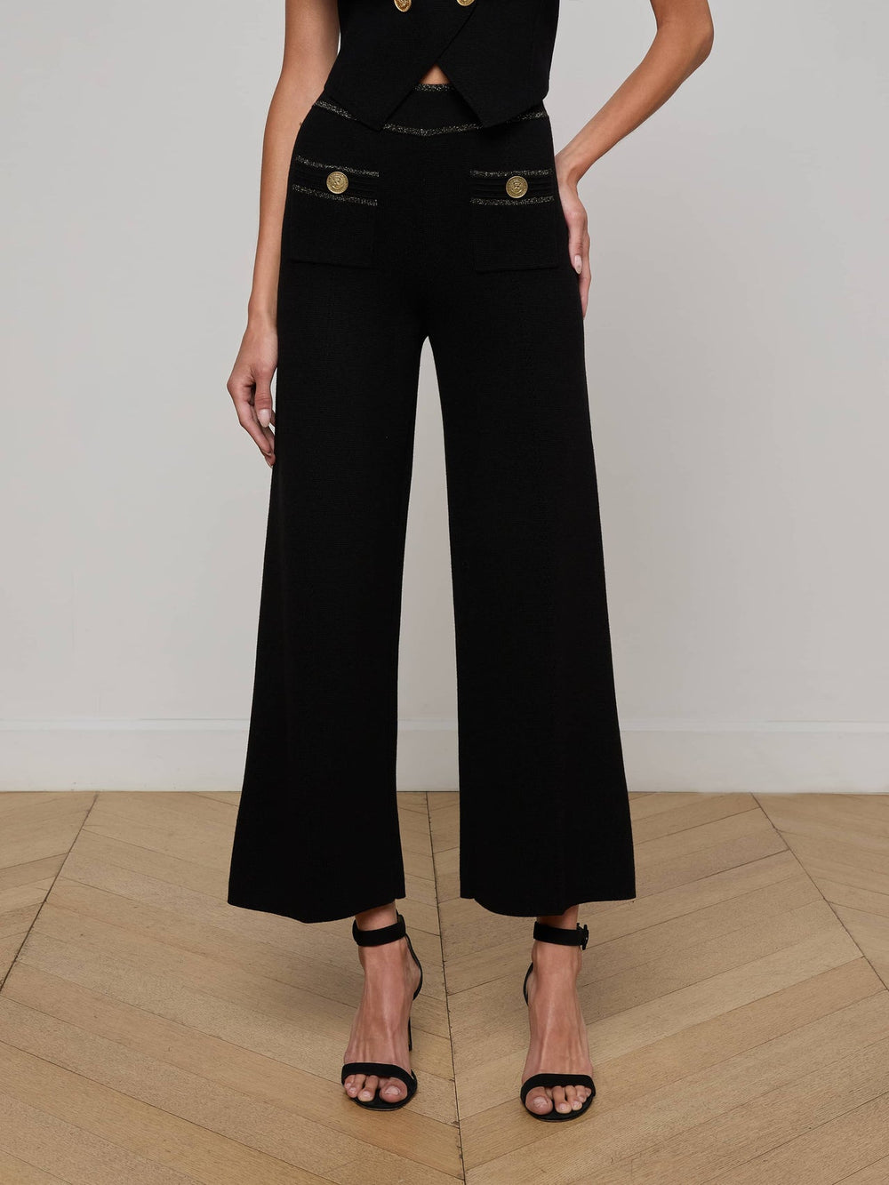 Madrid Wide Leg Knit Pant in Black/Gold | L'AGENCE discount