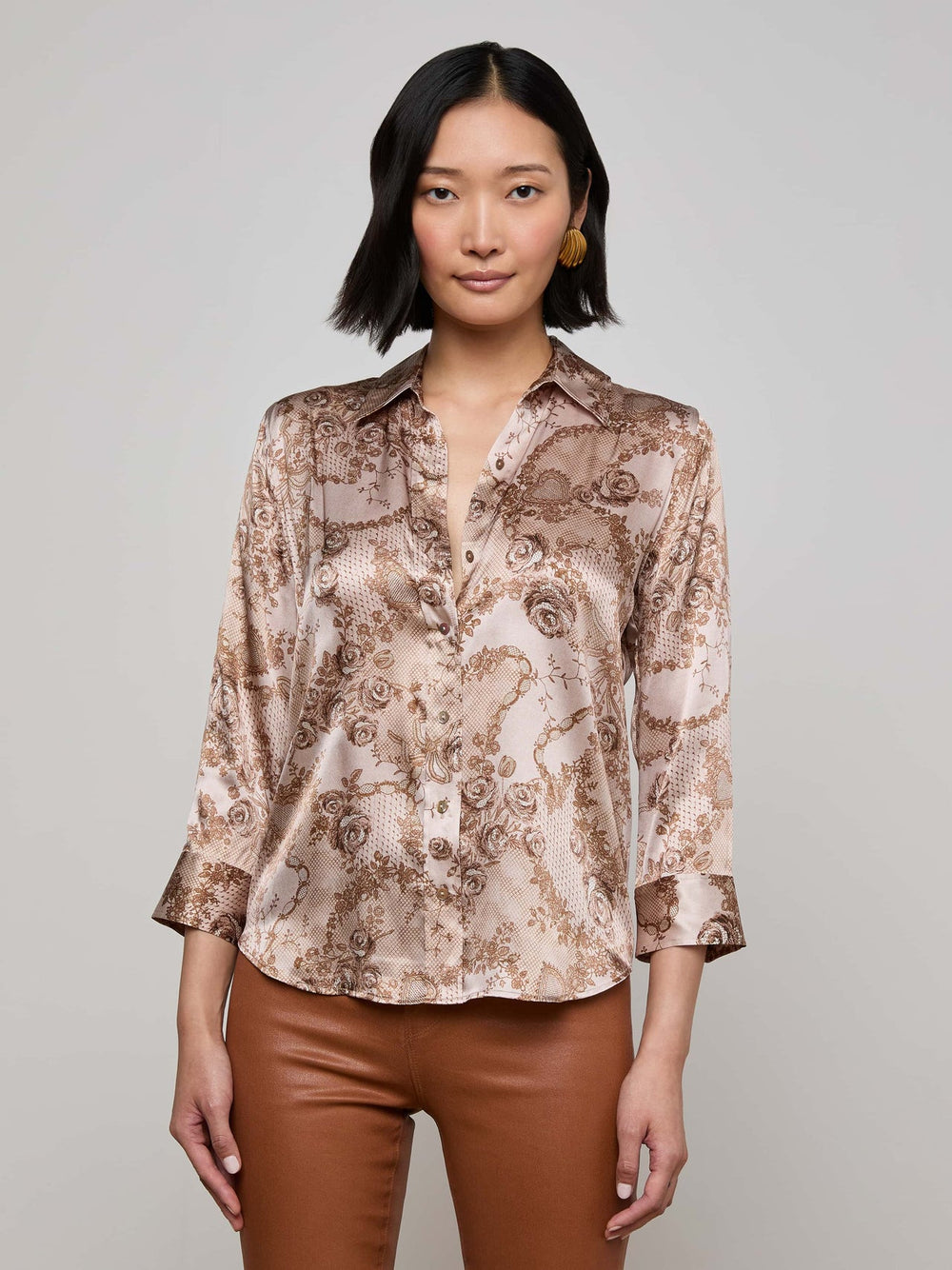 Dani Silk Blouse in Toasted Almond Lace Print | L'AGENCE near me
