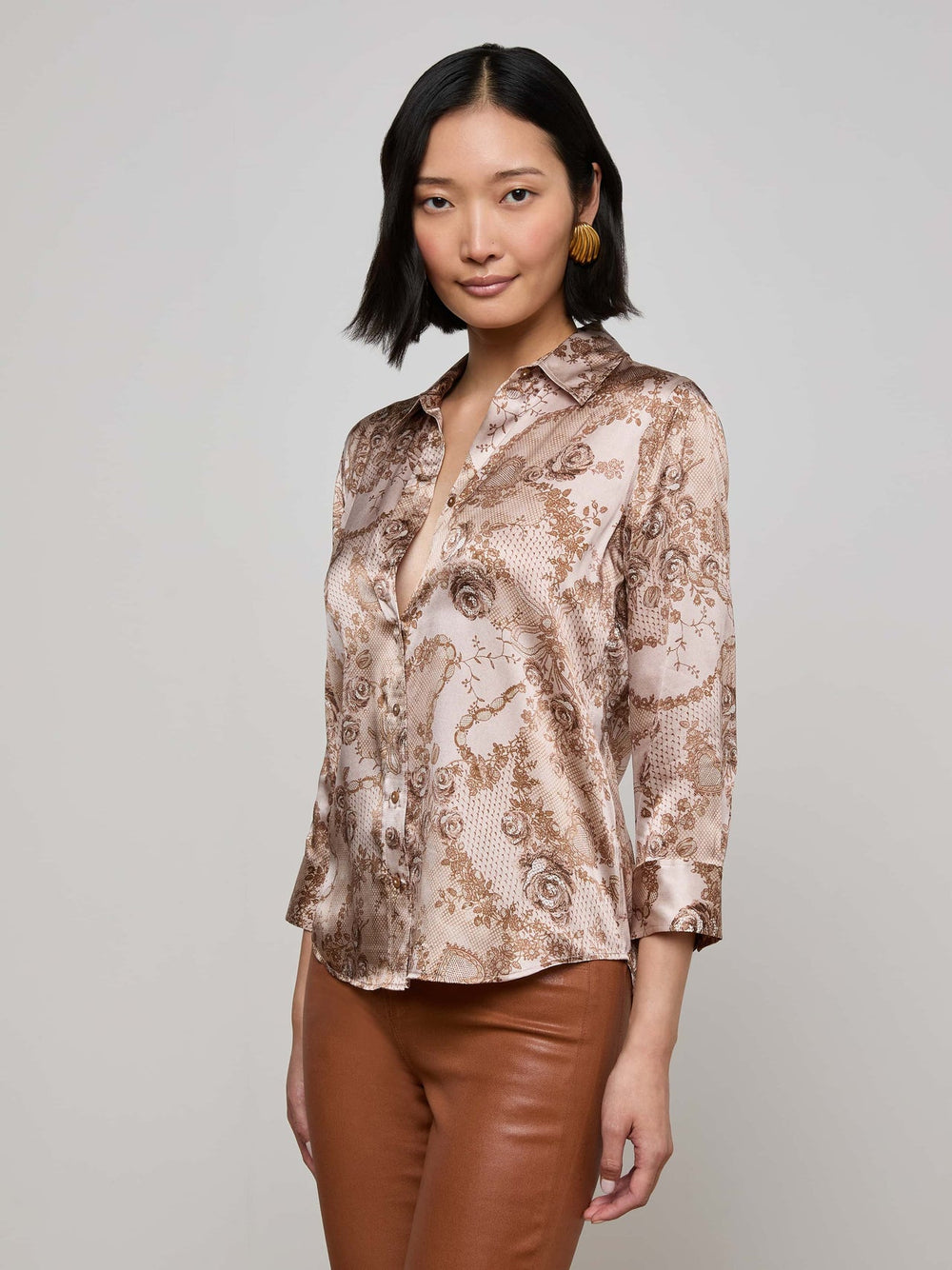 Dani Silk Blouse in Toasted Almond Lace Print | L'AGENCE near me