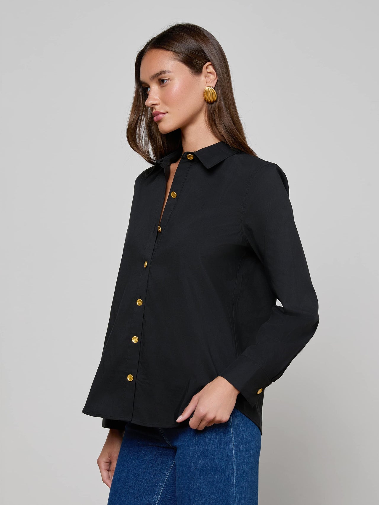 Ellery Button-Down Shirt in Black/Gold | L'AGENCE sale