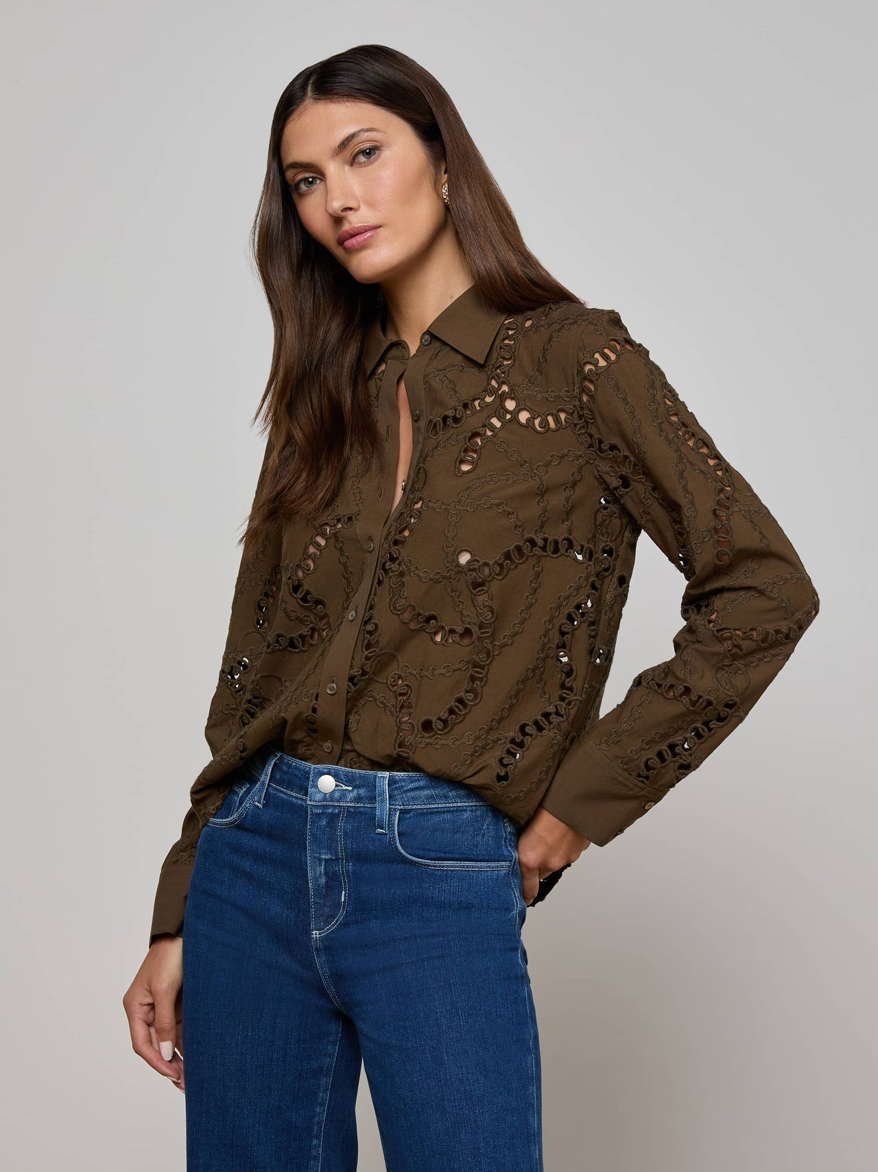 Ellery Eyelet Shirt in Pine | L'AGENCE sale