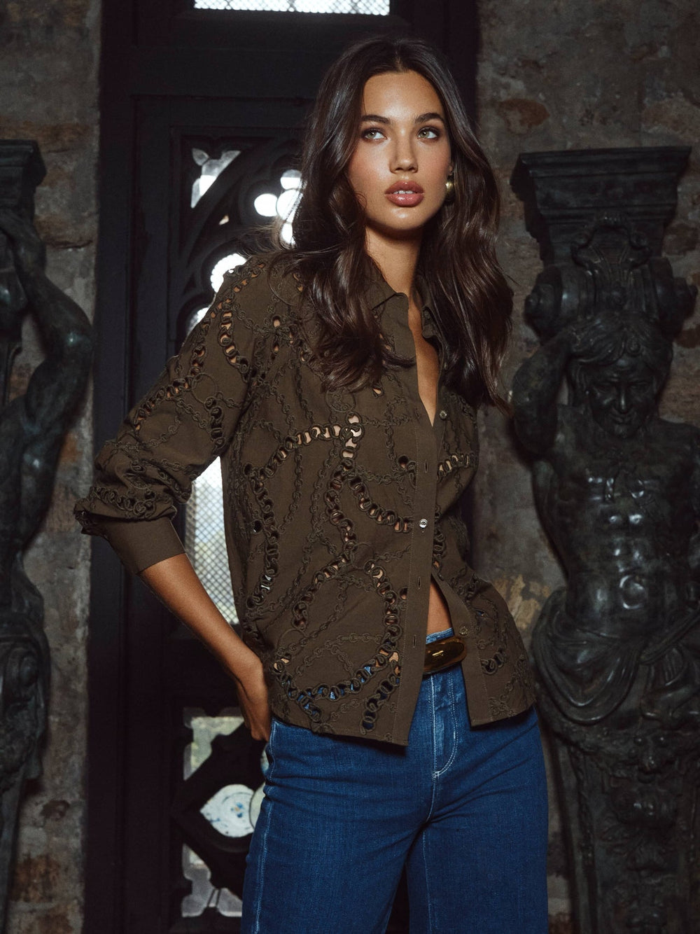 Ellery Eyelet Shirt in Pine | L'AGENCE sale