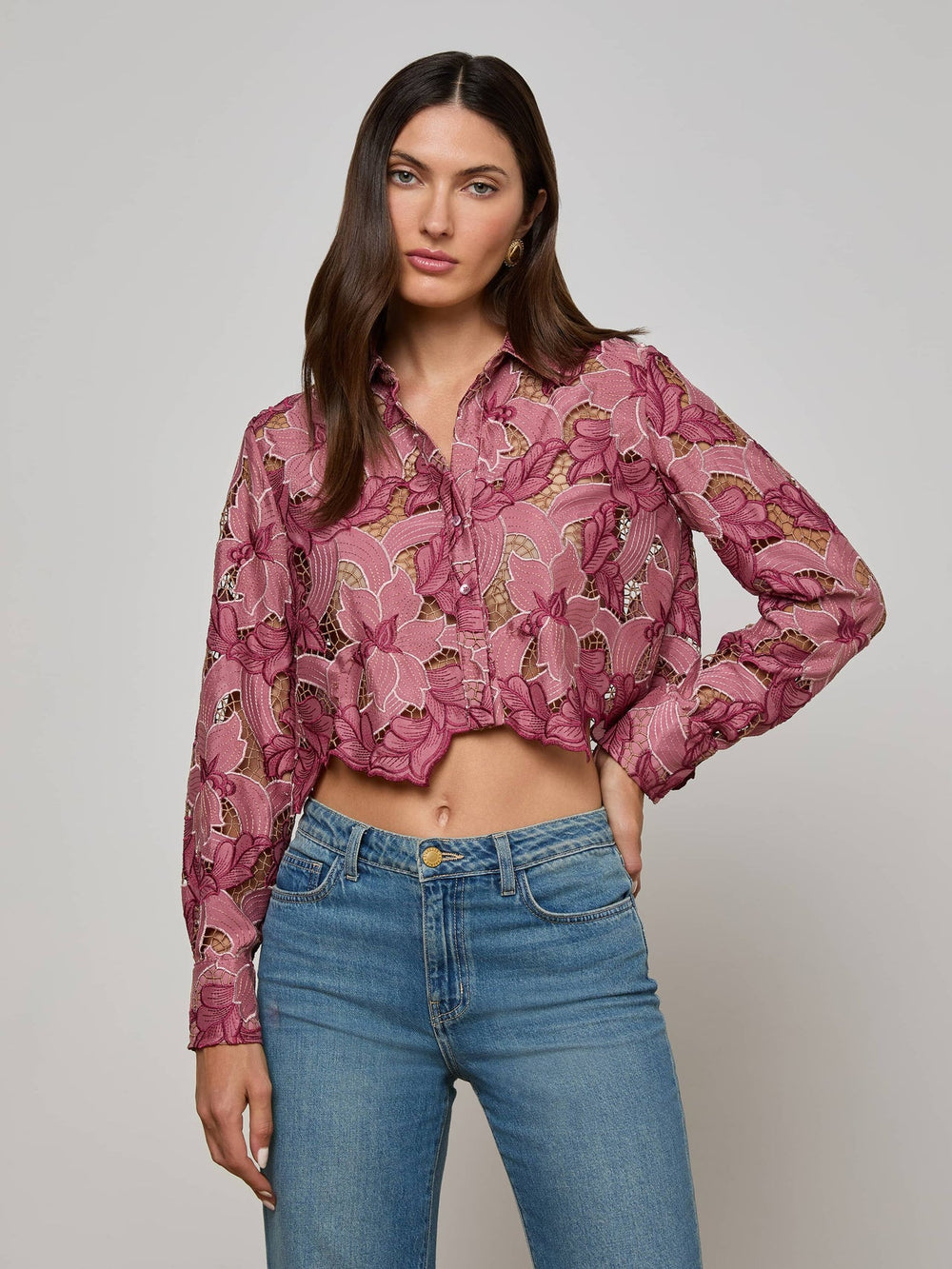 Akemi Cropped Lace Blouse in Mauve Multi Colored Eyelet | L'AGENCE online