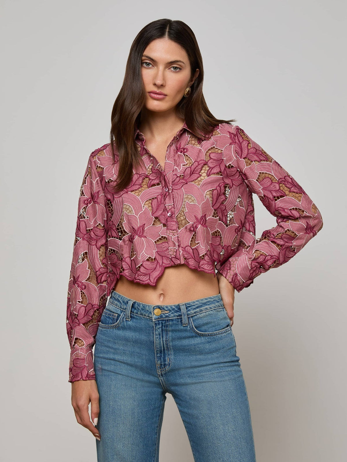 Akemi Cropped Lace Blouse in Mauve Multi Colored Eyelet | L'AGENCE online