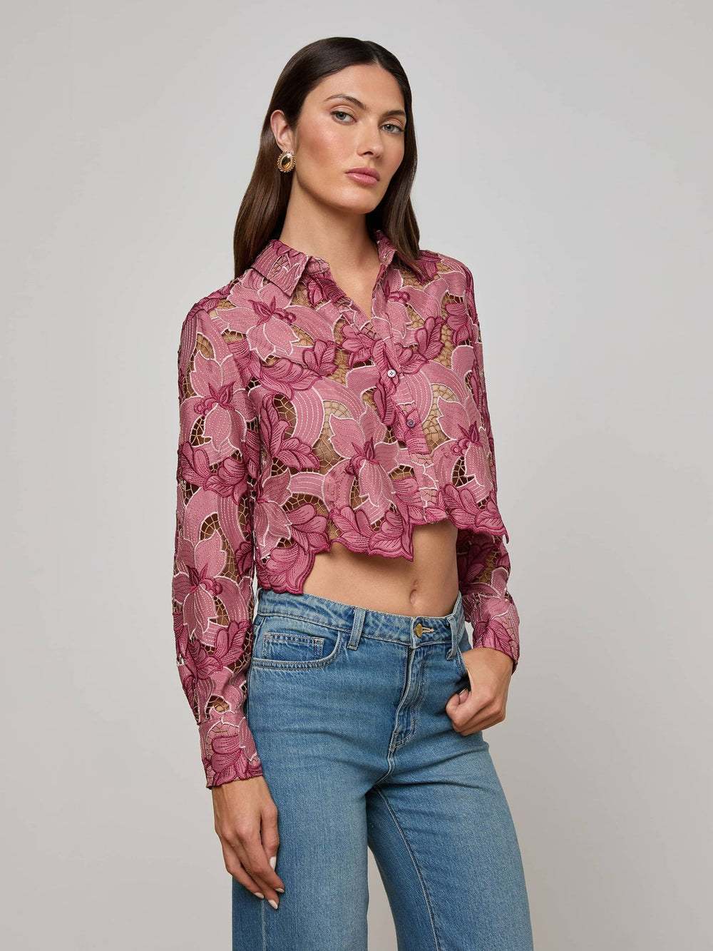 Akemi Cropped Lace Blouse in Mauve Multi Colored Eyelet | L'AGENCE online