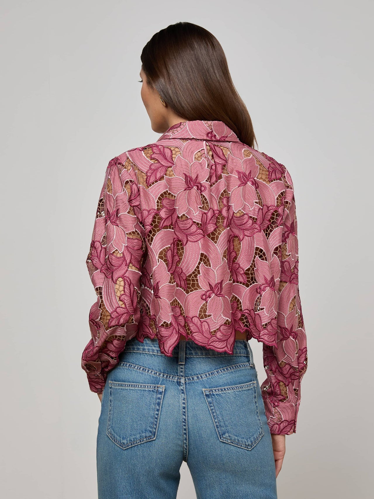 Akemi Cropped Lace Blouse in Mauve Multi Colored Eyelet | L'AGENCE online