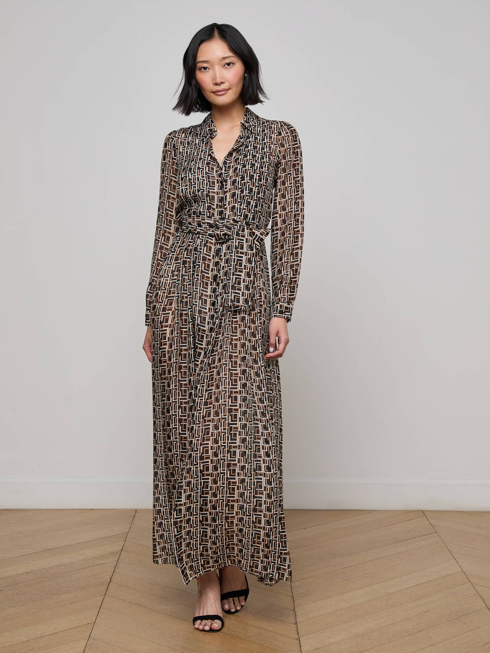 Klaudia Silk Shirt Dress in Black Multi Large Geo Print | L'AGENCE for sale