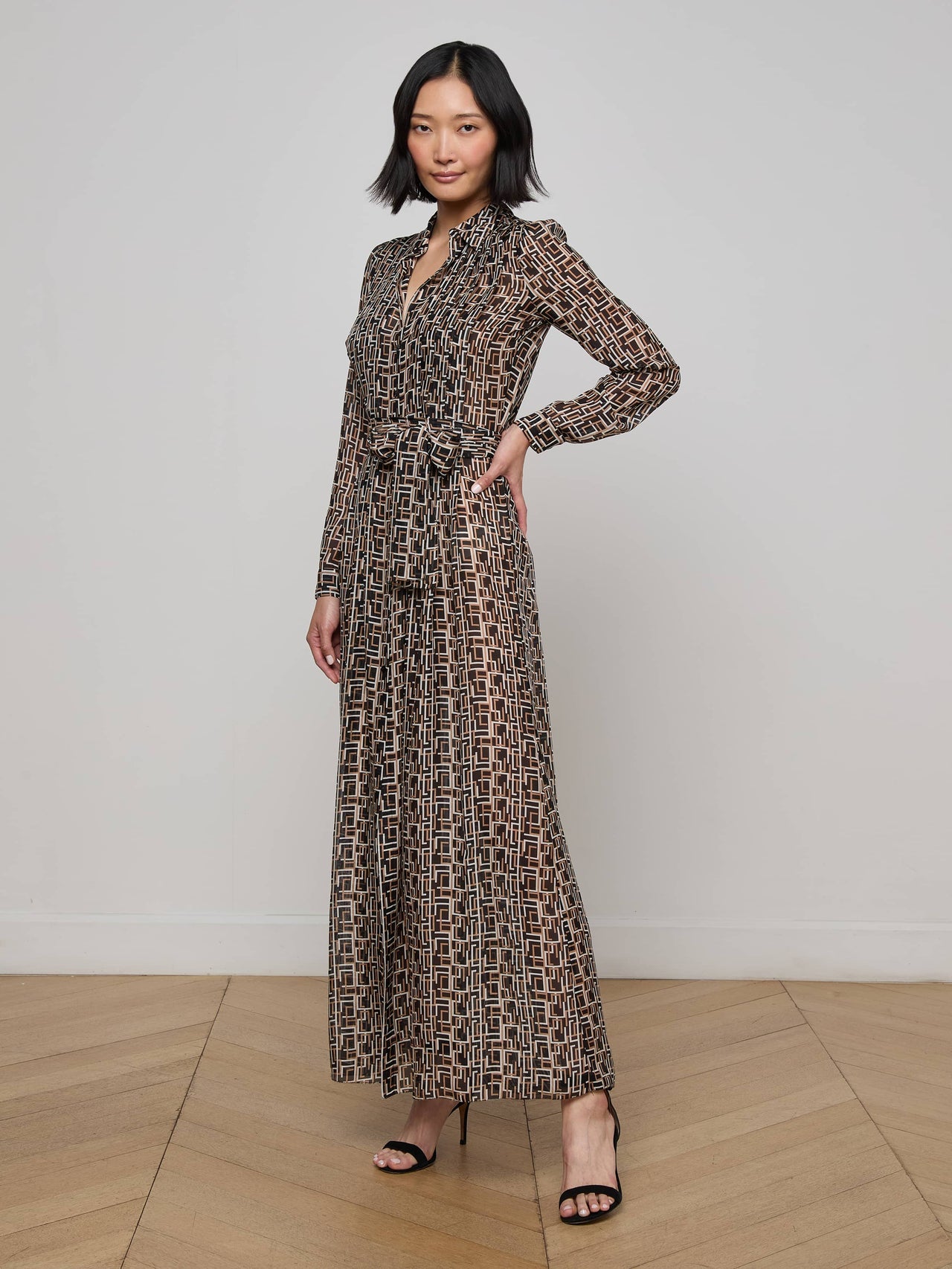 Klaudia Silk Shirt Dress in Black Multi Large Geo Print | L'AGENCE for sale