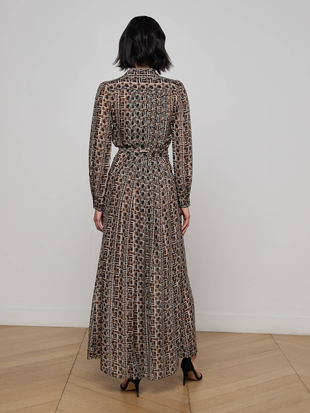 Klaudia Silk Shirt Dress in Black Multi Large Geo Print | L'AGENCE for sale