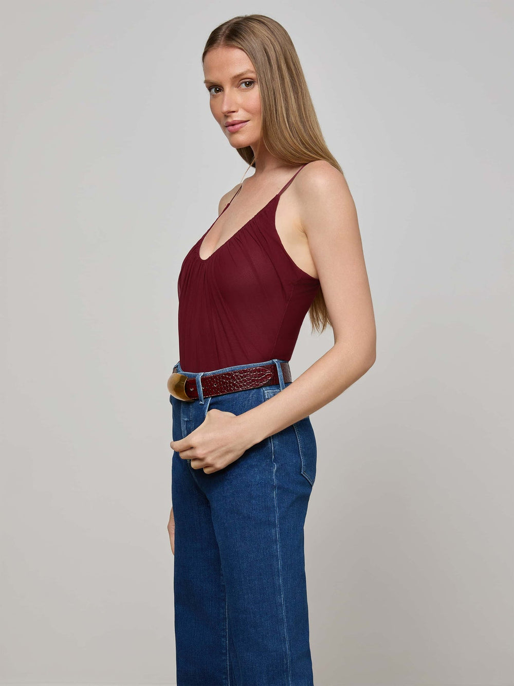Gelina Mesh Bodysuit in Black Cherry | L'AGENCE discount