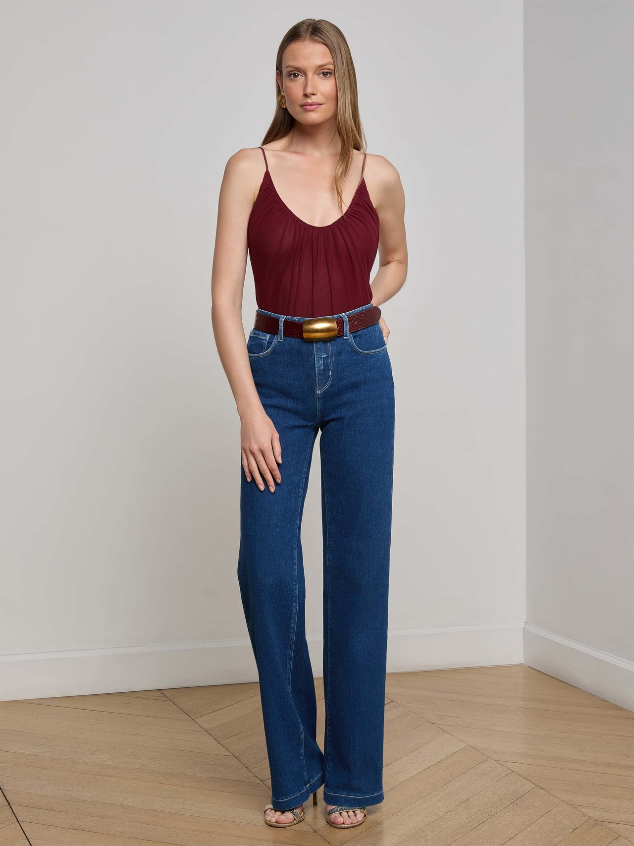 Gelina Mesh Bodysuit in Black Cherry | L'AGENCE discount
