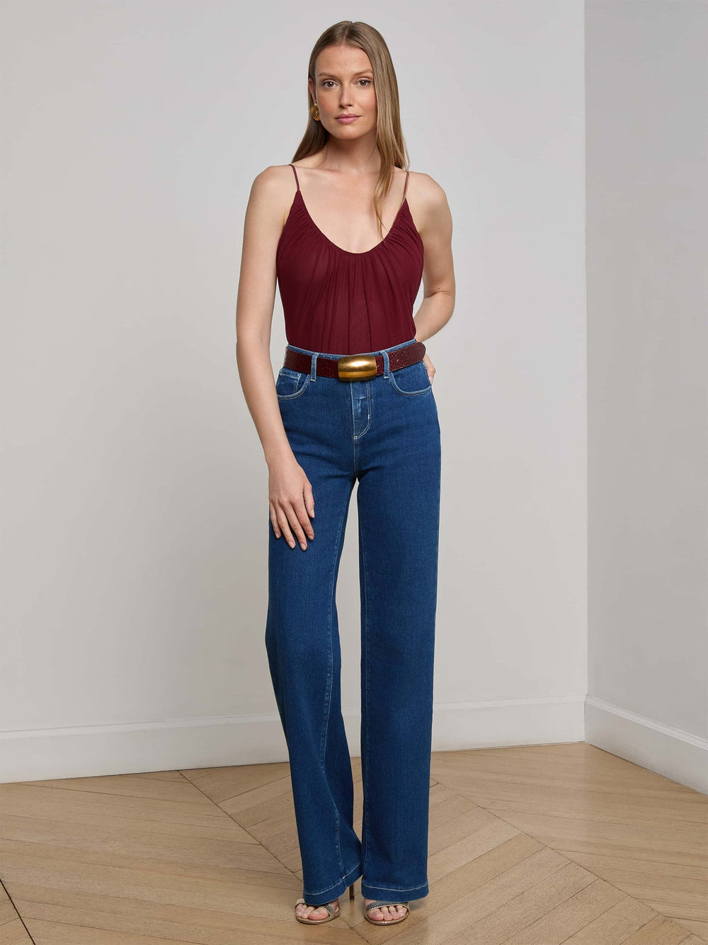 Gelina Mesh Bodysuit in Black Cherry | L'AGENCE discount