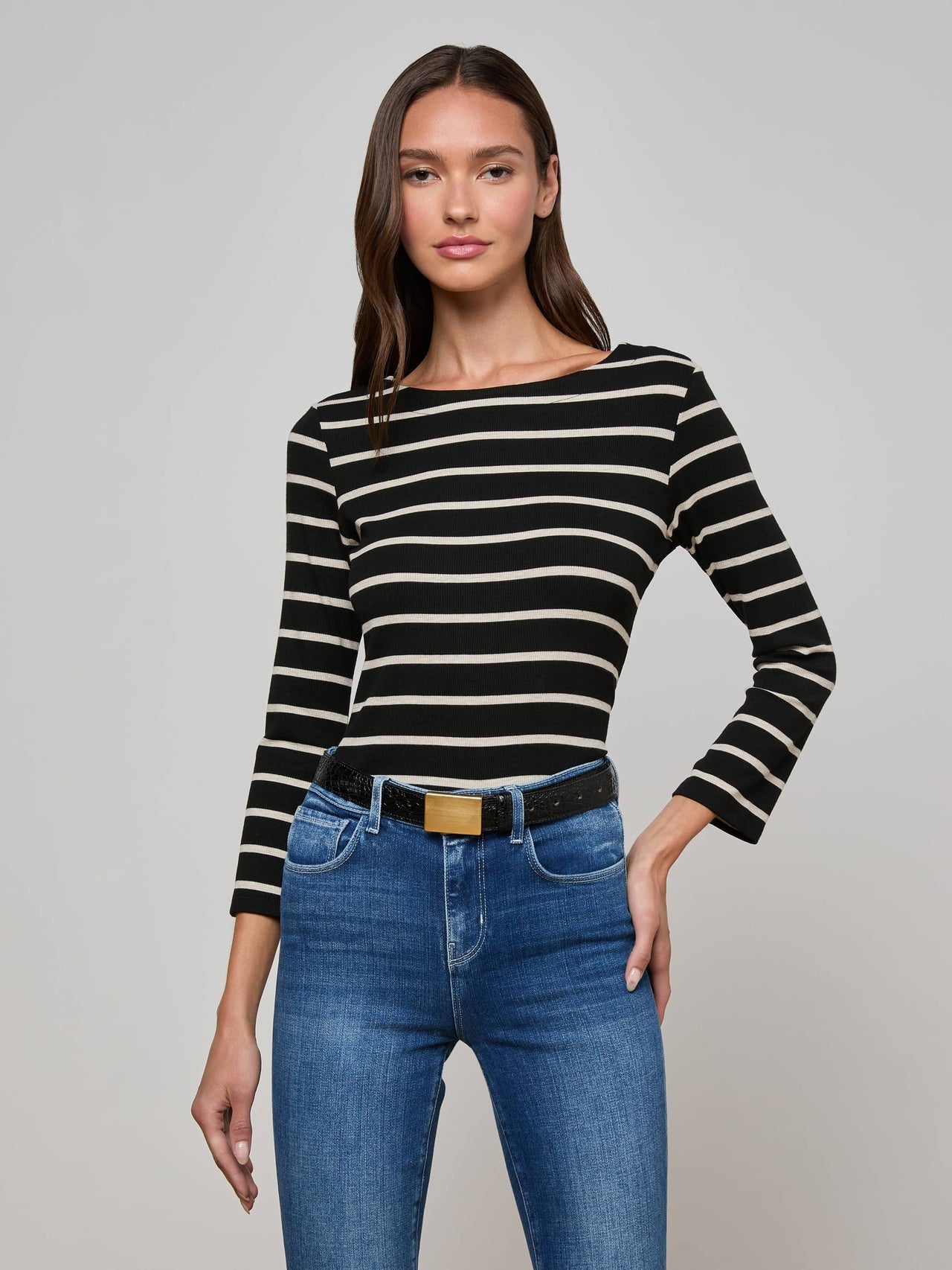 Lucille Striped Boatneck Top in Black/Oat Stripe | L'AGENCE for sale