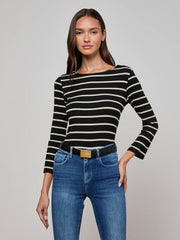 Lucille Striped Boatneck Top in Black/Oat Stripe | L'AGENCE for sale