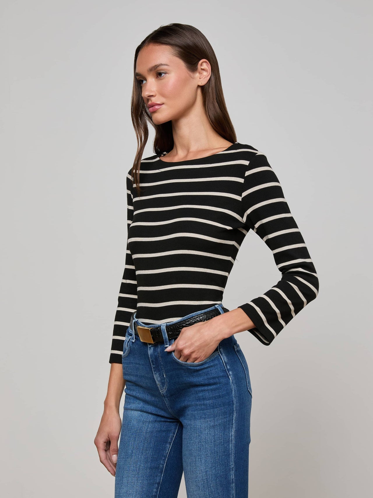 Lucille Striped Boatneck Top in Black/Oat Stripe | L'AGENCE for sale
