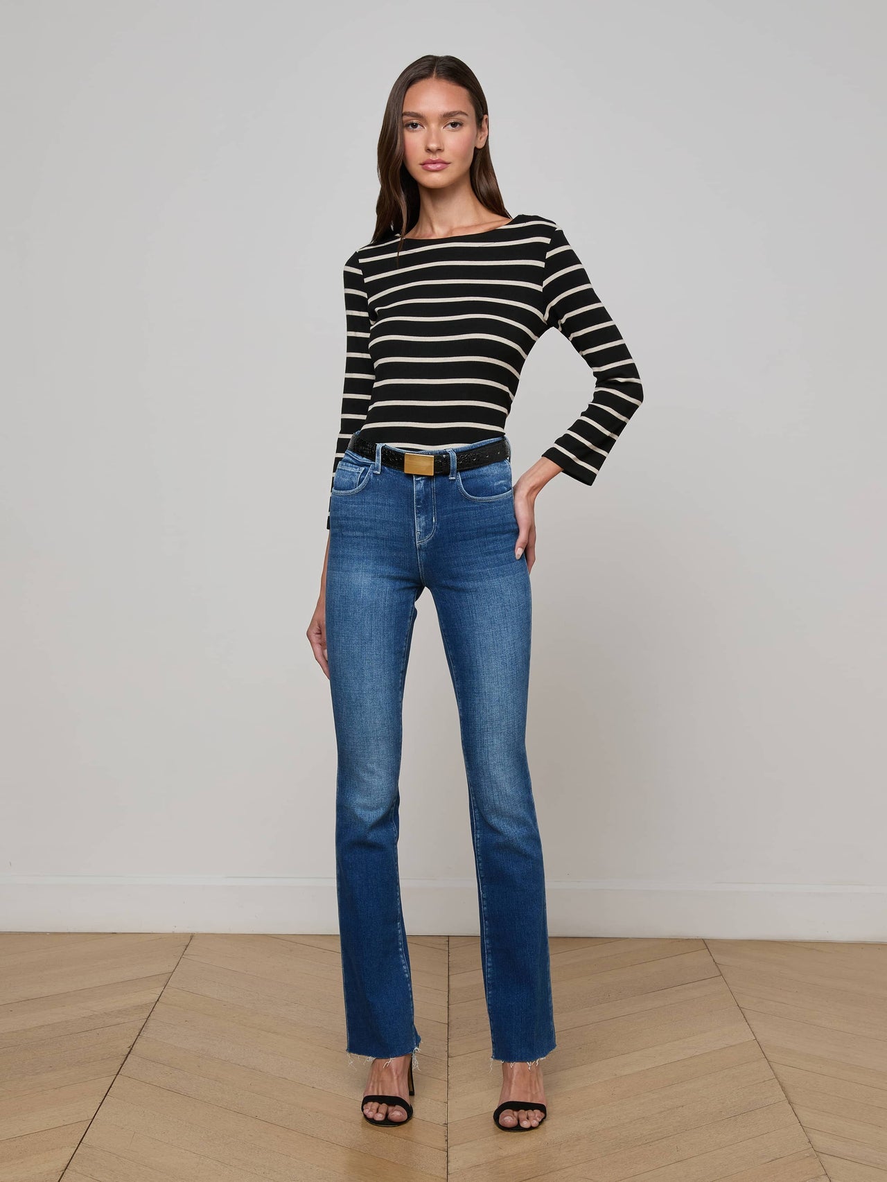 Lucille Striped Boatneck Top in Black/Oat Stripe | L'AGENCE for sale