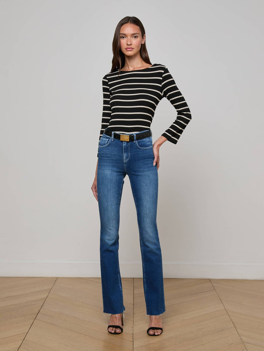 Lucille Striped Boatneck Top in Black/Oat Stripe | L'AGENCE for sale