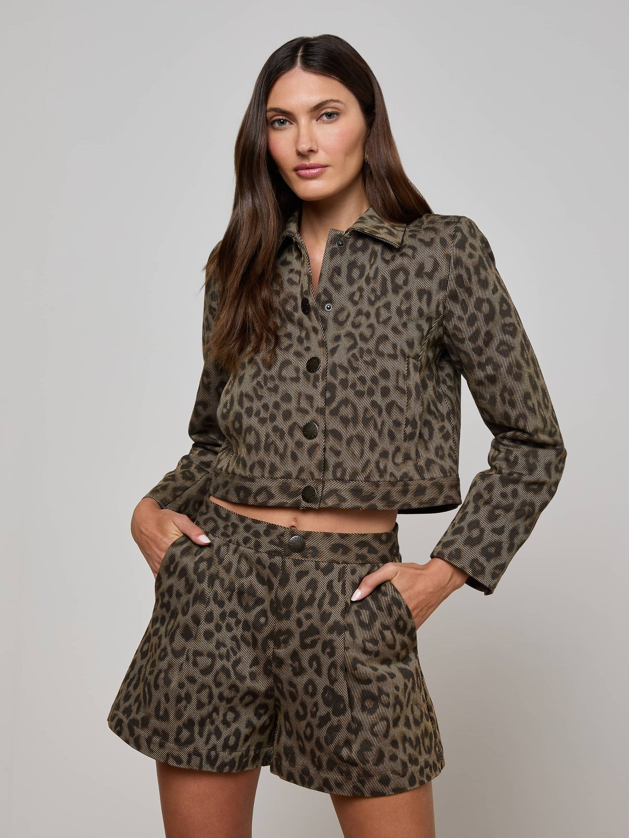 Marla Cropped Jacket in Tan Multi Leopard | L'AGENCE US