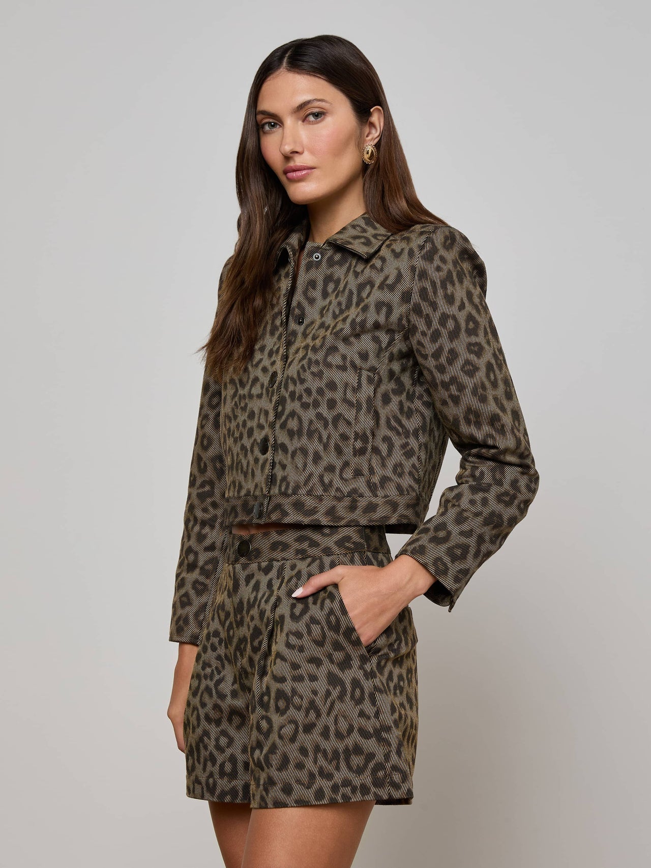 Marla Cropped Jacket in Tan Multi Leopard | L'AGENCE US