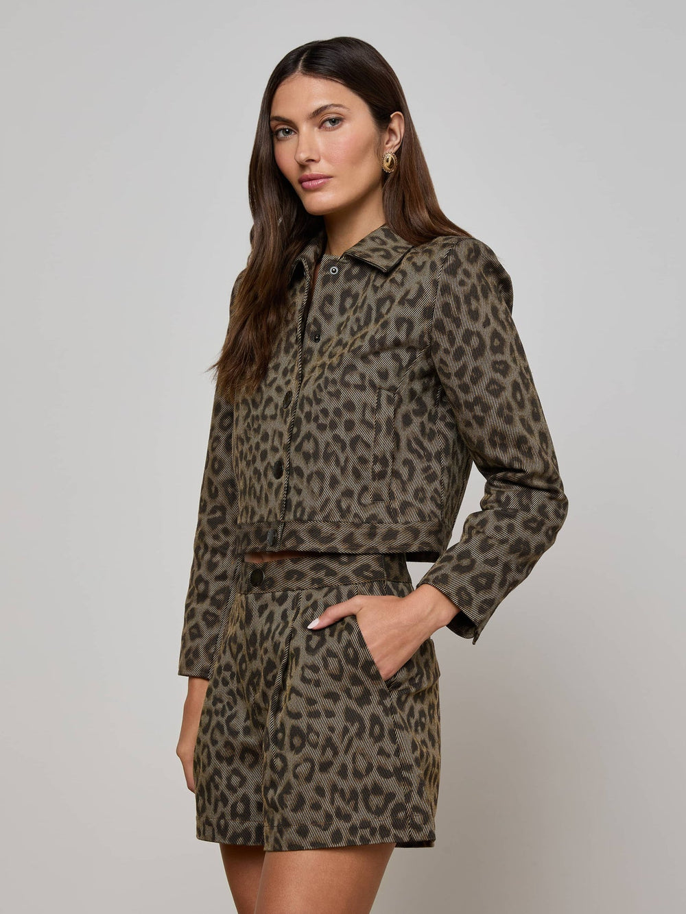 Marla Cropped Jacket in Tan Multi Leopard | L'AGENCE US