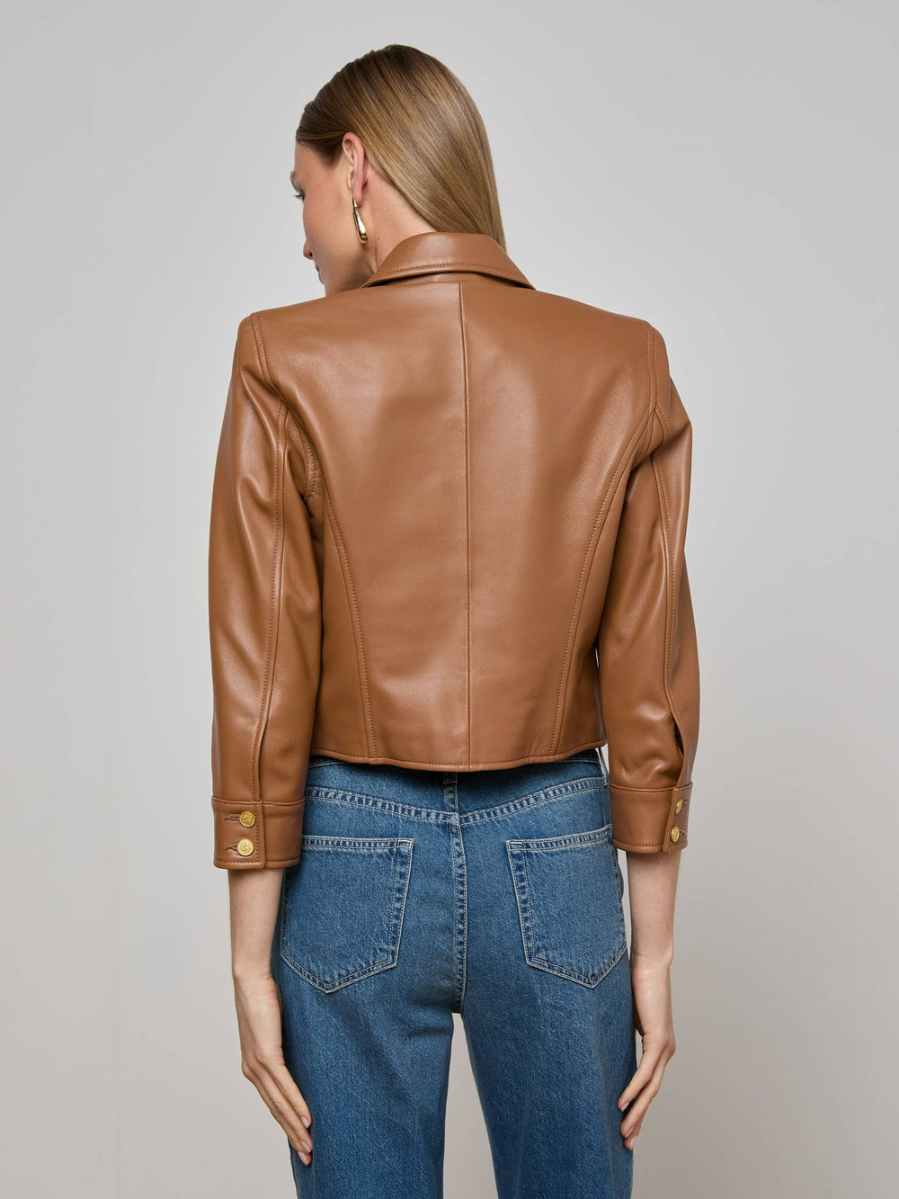 Kumi Cropped Leather Jacket in Soft Cognac | L'AGENCE for sale