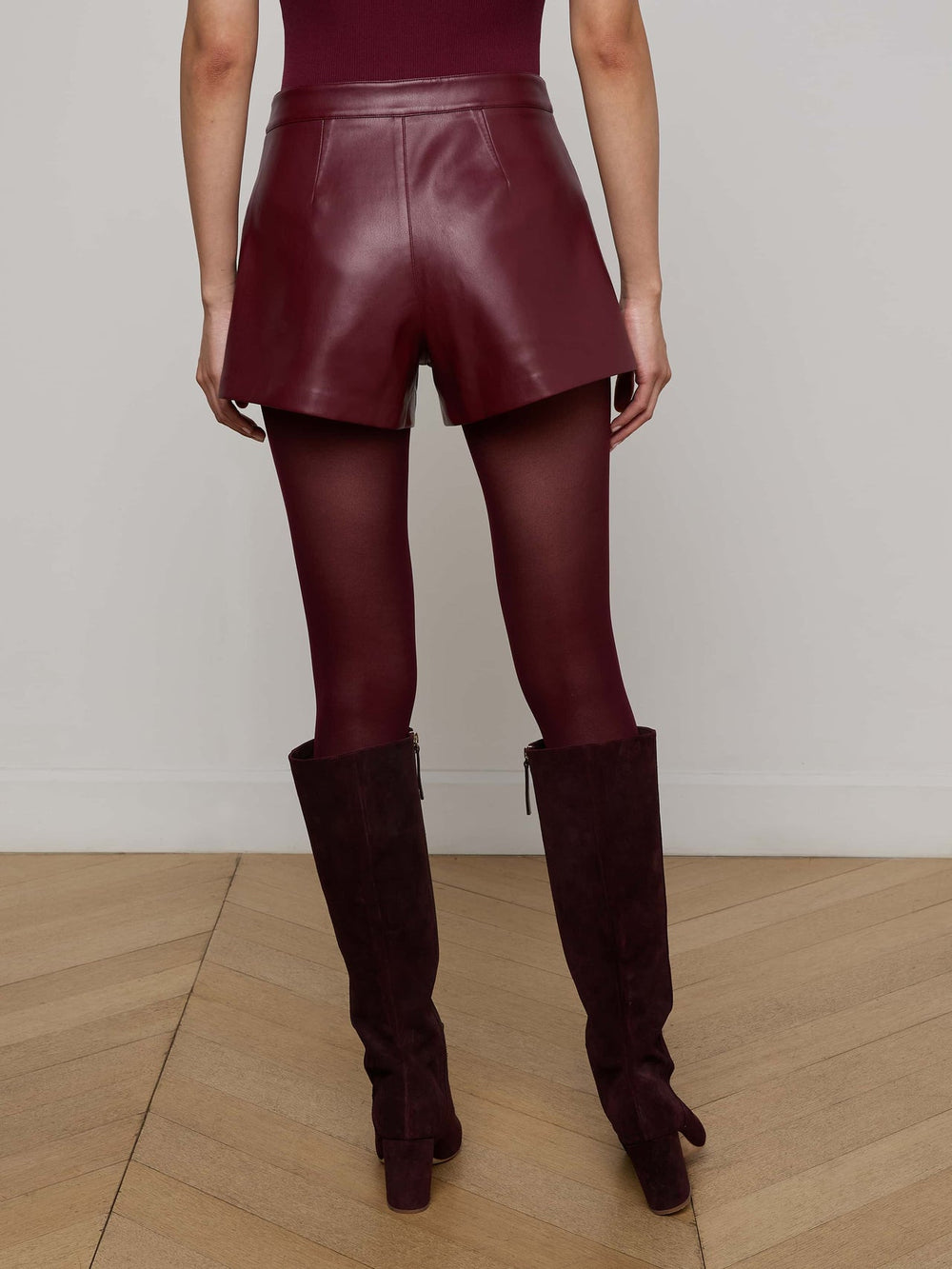 Dionne Vegan Leather Short in Black Cherry | L'AGENCE sale
