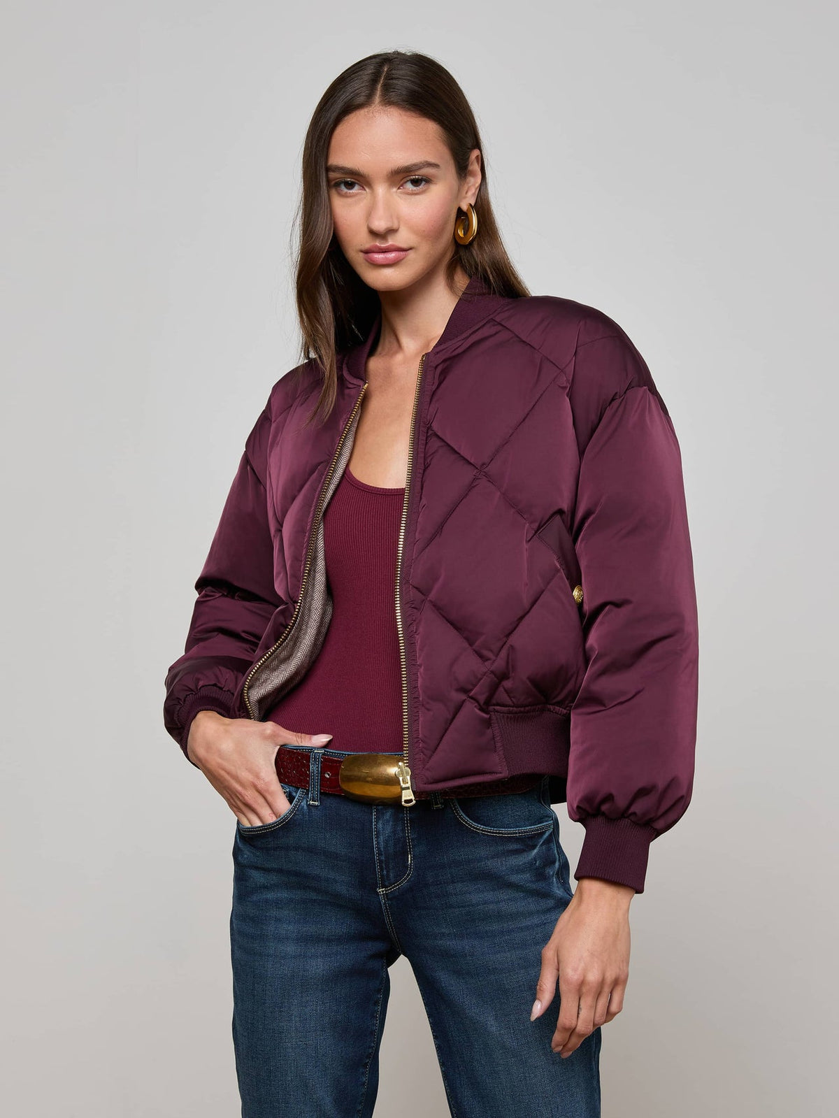 Violeta Reversible Puffer in Wine/Herringbone | L'AGENCE for sale