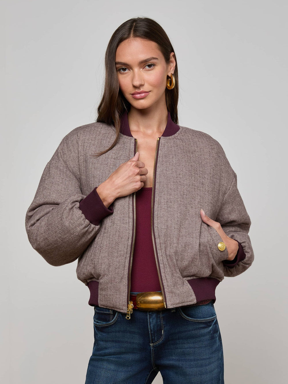 Violeta Reversible Puffer in Wine/Herringbone | L'AGENCE for sale