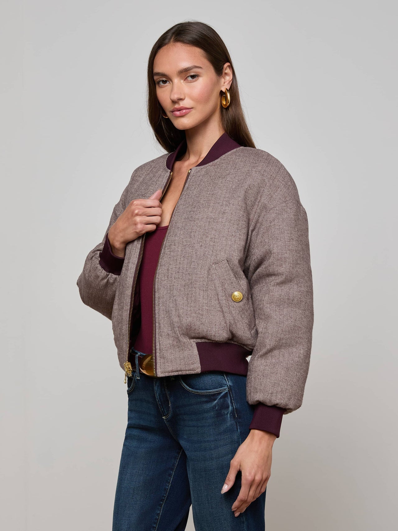Violeta Reversible Puffer in Wine/Herringbone | L'AGENCE for sale