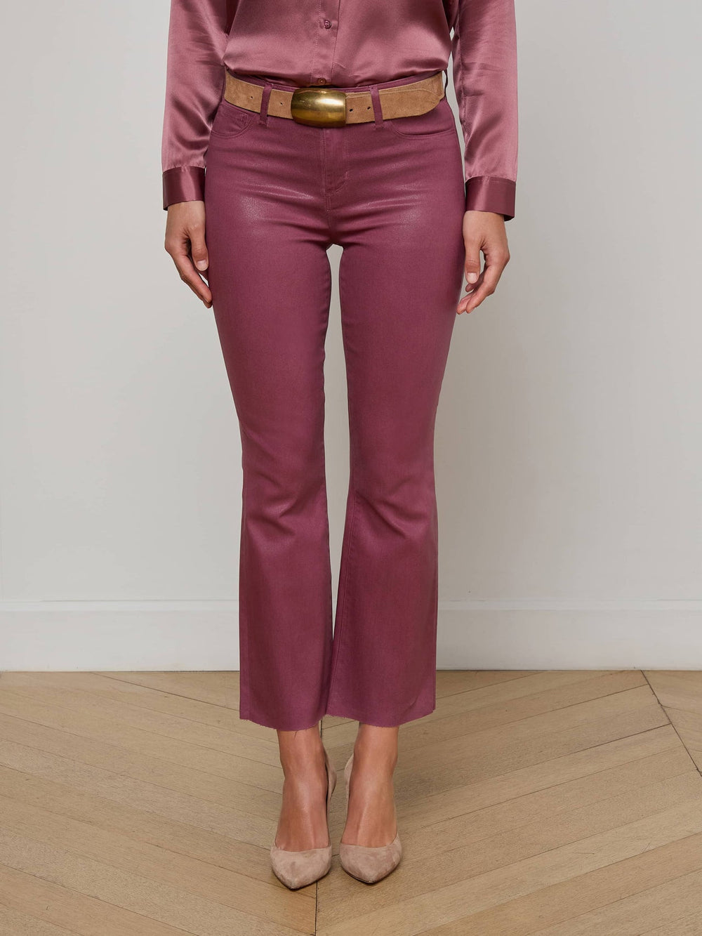 Kendra Coated Cropped Flare Jean in Deep Mauve Coated | L'AGENCE sale