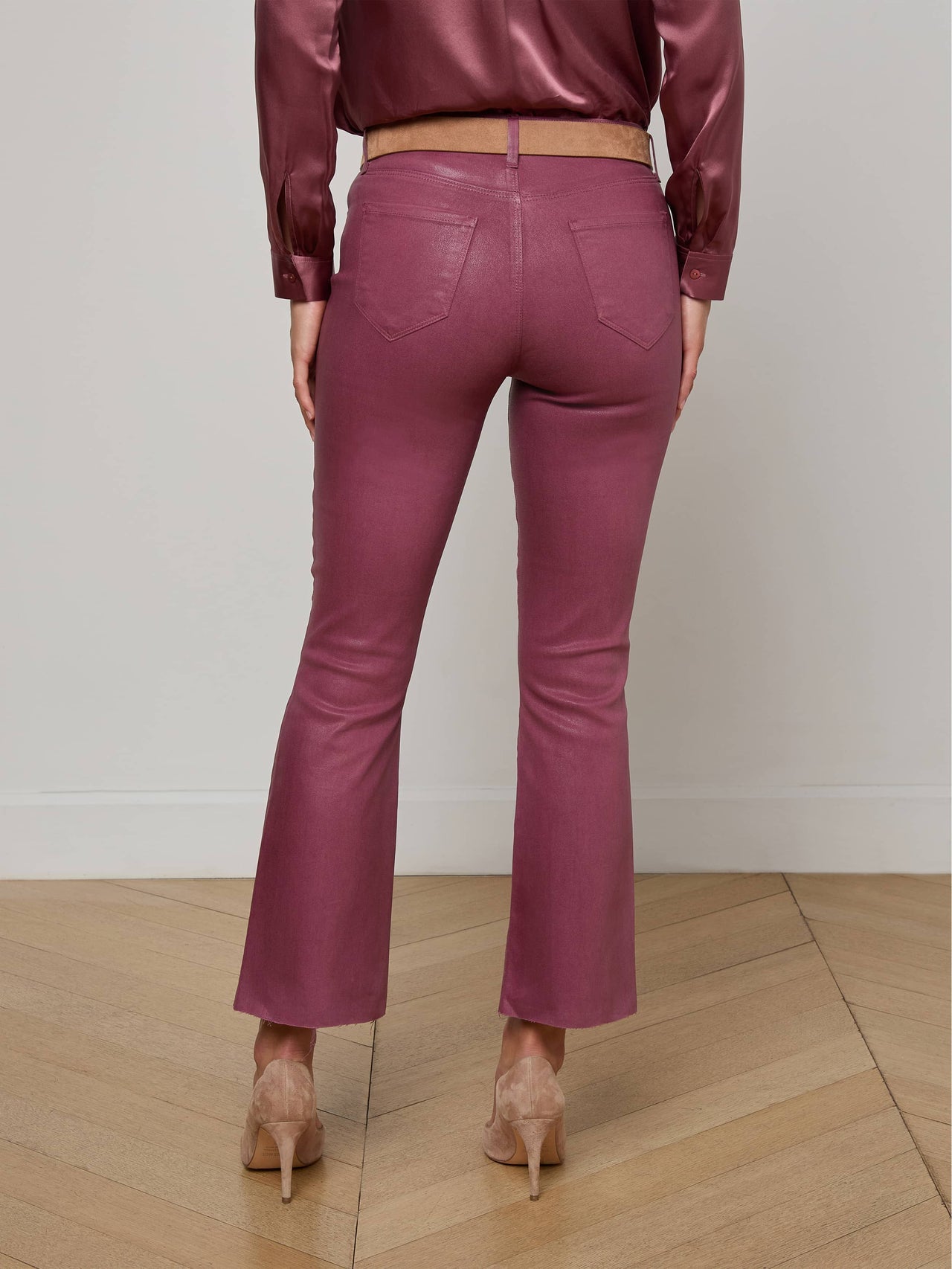Kendra Coated Cropped Flare Jean in Deep Mauve Coated | L'AGENCE sale