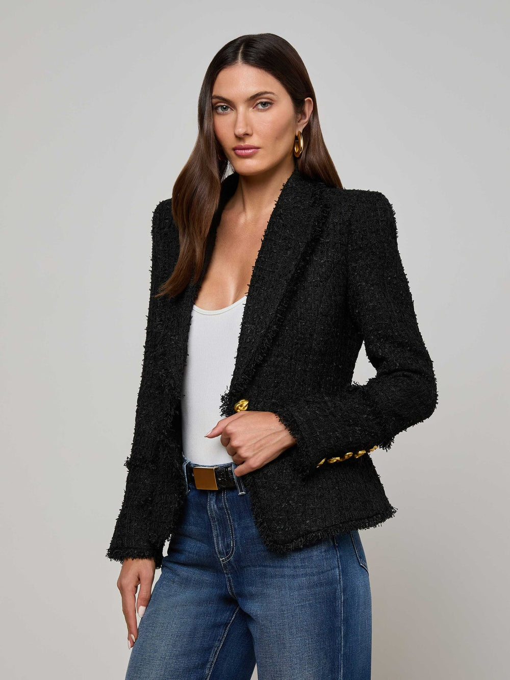 Kaisley Frayed Trim Blazer in Black | L'AGENCE near me