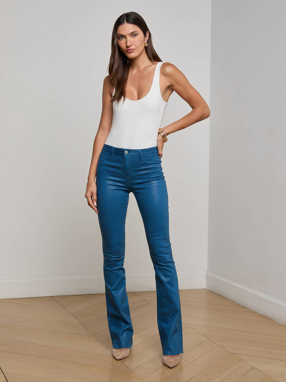 Ruth Coated Straight-Leg Jean in Stone Blue Coated | L'AGENCE discount