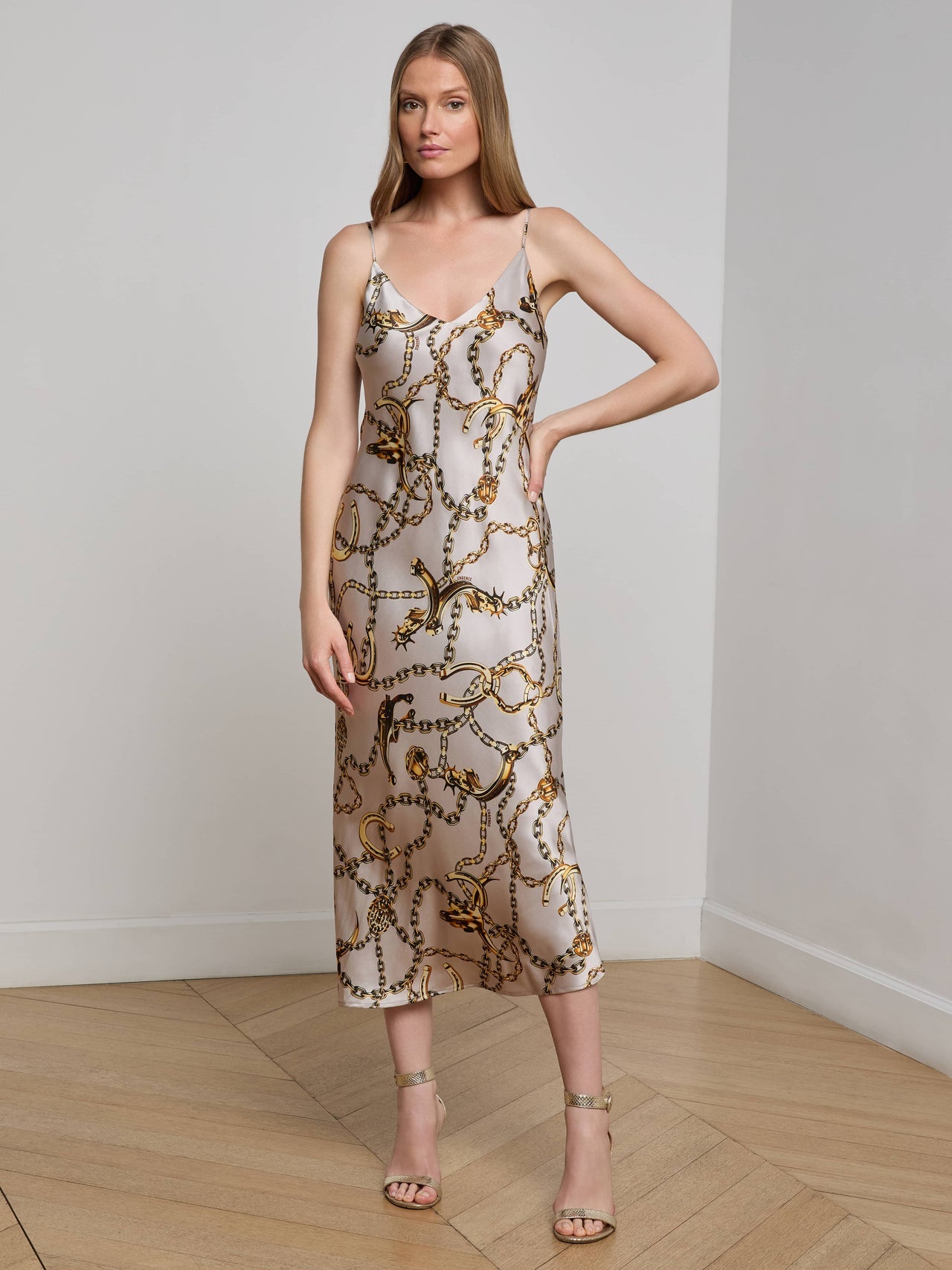 Seridie Silk Slip Dress in Smoke Grey/Gold Long Horn Chain | L'AGENCE discount