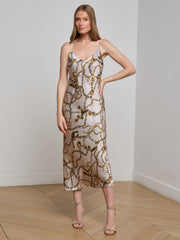 Seridie Silk Slip Dress in Smoke Grey/Gold Long Horn Chain | L'AGENCE discount