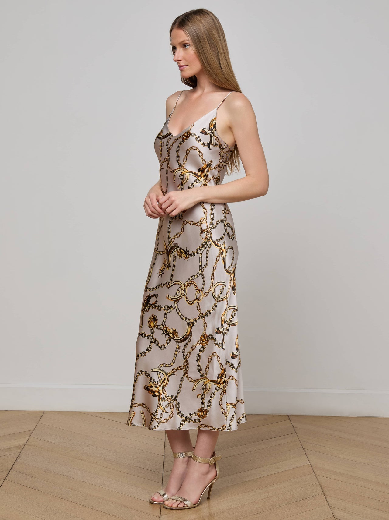 Seridie Silk Slip Dress in Smoke Grey/Gold Long Horn Chain | L'AGENCE discount