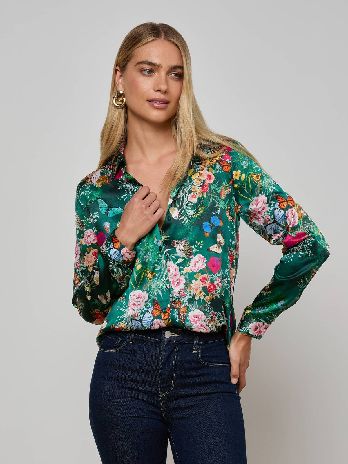 Tyler Silk Blouse in Bottle Green Multi Charonda Butterfly | L'AGENCE sale