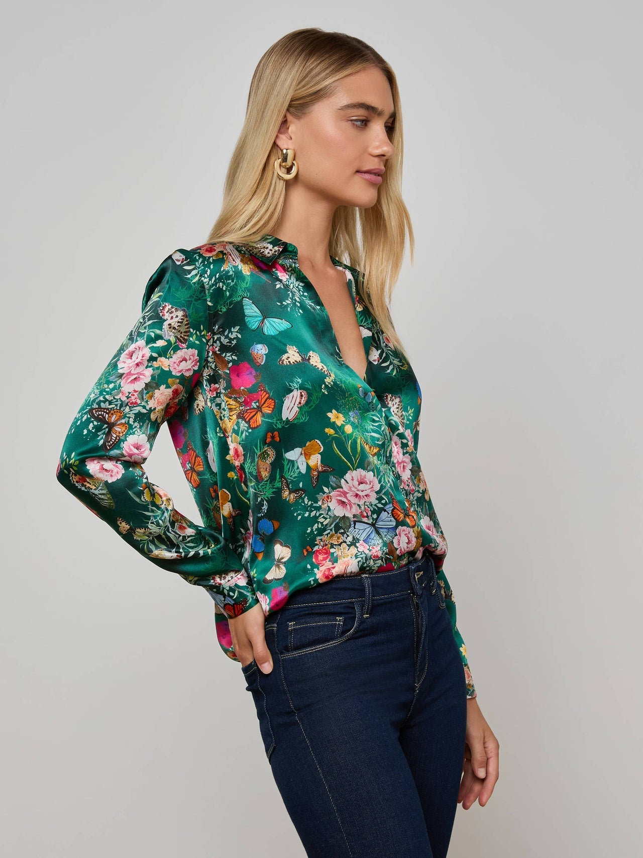 Tyler Silk Blouse in Bottle Green Multi Charonda Butterfly | L'AGENCE sale